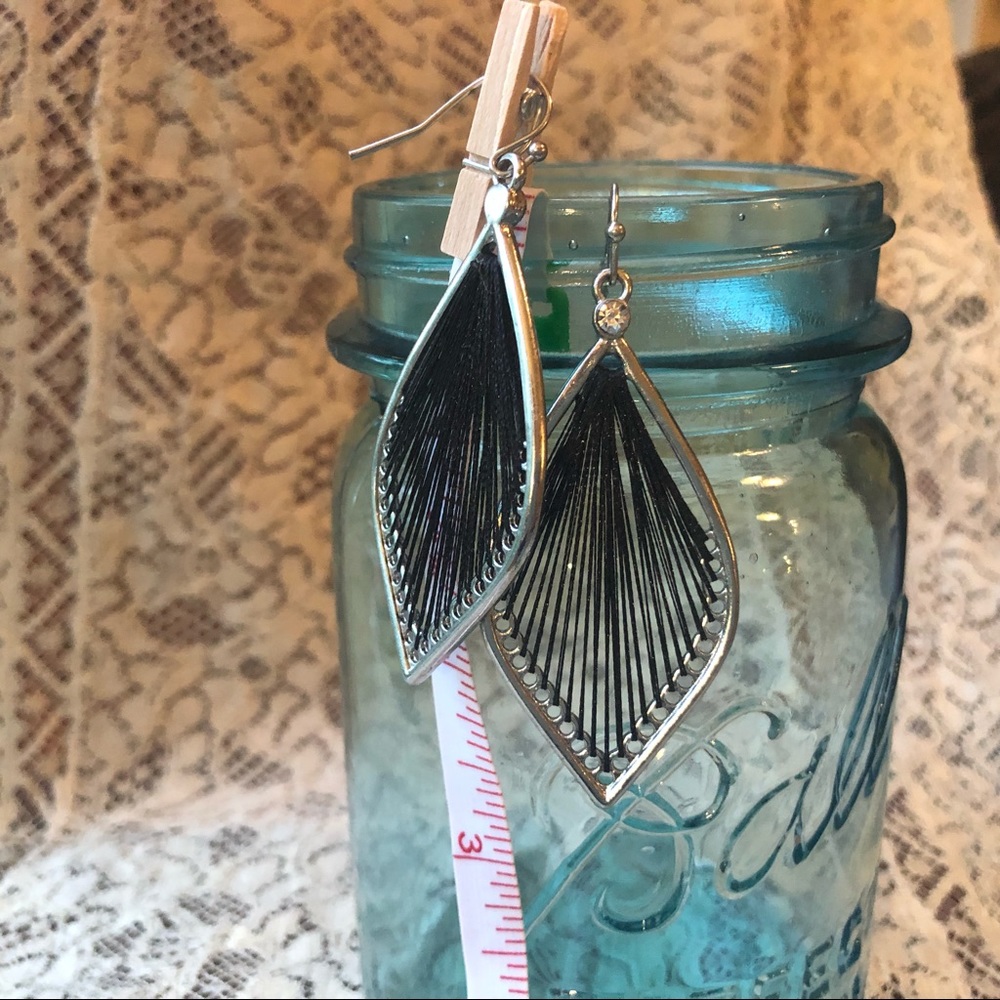 Silver and black, threaded, boho drop earrings.